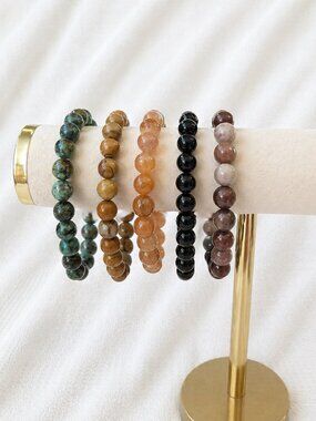 Set of 5 Gemstone Bracelets: Black Tourmaline Picture Jasper Plus More
